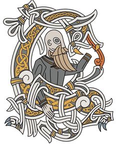 an image of a man with a pipe in his mouth surrounded by celtic patterns and letters