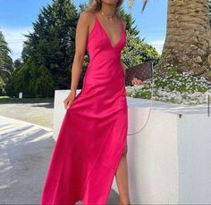 Pink V-neck Slip Dress For Party, Fitted Sleeveless Slip Dress For Prom Season, V-neck Sleeveless Satin Prom Dress, Sleeveless Slip Dress For Prom, Pink V-neck Sleeveless Dress For Formal Occasions, Pink Sleeveless V-neck Dress For Formal Occasions, Summer Satin Sleeveless Dress For Prom, Sleeveless Satin Dress With Sweetheart Neckline For Summer, Sleeveless Summer Prom Slip Dress