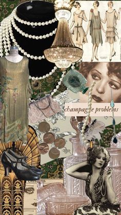 a collage of vintage fashion items including pearls, necklaces and other things on display