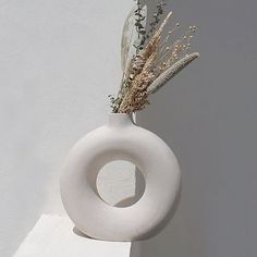 a white vase with dried plants in it on a ledge next to a stucco wall