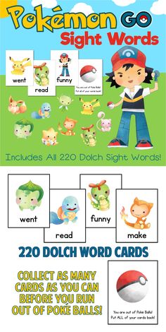 the pokemon sight words poster is shown