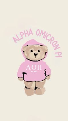 a teddy bear wearing a pink shirt with the words alpha on it's chest