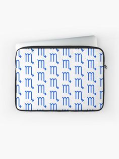 a blue and white laptop case with the letter m on it's front side