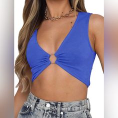 Aevziv Sexy Crop Tops For Women Sleeveless Deep V Neck Workout Tops Plunge Ring Cleavage Cropped Tank Top Size L In Royal Blue Never Worn Brand New Blue V-neck Crop Top For Night Out, Stretch Solid V-neck Crop Top, Stretch Elastane V-neck Crop Top, Fitted V-neck Purple Crop Top, Blue Stretch V-neck Crop Top, Deep V, Crop Tank, Cropped Tank Top, Workout Tops