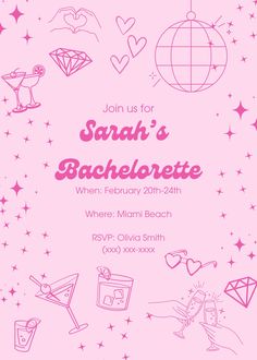 a pink flyer for a bachelor party with hand drawn icons and stars in the background