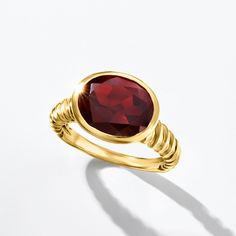 Ross-Simons - 5.00 Carat Oval Garnet Ring in 18kt Gold Over Sterling. Size 7. The wine-red hue of this 5.00 carat oval garnet has a rich look, bezel set on a chic twisted shank of polished 18kt yellow gold over sterling silver. 3/8" wide. Garnet ring. Garnet birthstones are the perfect gift for January birthdays. Luxury Oval Ruby Ring With Polished Finish, Elegant Faceted Ruby Ring For Formal Occasions, Elegant Formal Faceted Ruby Ring, Luxury Oval Ruby Ring For Formal Occasions, Classic Yellow Gold Ruby Ring With Oval Cabochon, Elegant Faceted Ruby Ring In Yellow Gold, Elegant Yellow Gold Faceted Ruby Ring, Classic Ruby Oval Cabochon Ring For Formal Events, Classic Ruby Ring Oval Cabochon For Formal Occasions