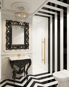 a fancy bathroom with black and white stripes on the floor, chandelier, mirror, sink and toilet