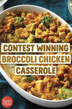 broccoli chicken casserole in a white bowl with the title contest winner