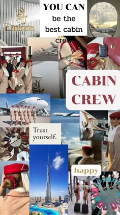 the collage has many different pictures and words on it, including an advertisement for cabin crew