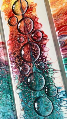 an abstract painting on glass with water drops and swirls in the center, surrounded by multicolored lines