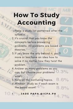 a calculator, pen and money with the words how to study accunting