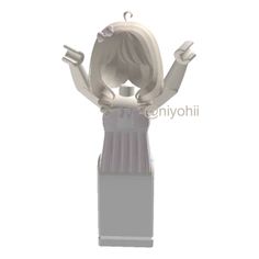 a woman with her hands up in the air on top of a white object that looks like a statue