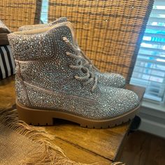 New Condition. Never Worn. Awesome Boots Size 8 Glitter Boots With Round Toe, Sparkling Winter Boots With Round Toe, Bedazzled Round Toe Winter Boots, Winter Bedazzled Round Toe Boots, Bedazzled Winter Boots With Round Toe, Glamorous Synthetic Boots With Round Toe, Shoes Glitter, Betsey Johnson Shoes, Glitter Shoes