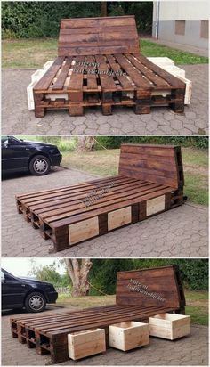 some wood pallets are stacked on top of each other in the shape of a bed