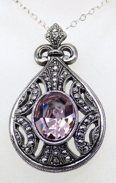 Amethyst Purple Gemstone Ornate Pendant Necklace Chain 925 Sterling Sparkly! Elegant Sterling Silver Necklaces With Stone Setting, Ornate Silver Teardrop Pendant Jewelry, Classic Sterling Silver Jewelry With Stones, Classic Silver Jewelry With Stones, Silver Teardrop Jewelry With Stone Setting, Antique Silver Necklace With Teardrop Pendant, Antique Silver Teardrop Pendant Necklace, Vintage Silver Necklace With Stone Setting, Silver Oval Pendant Jewelry With Stones