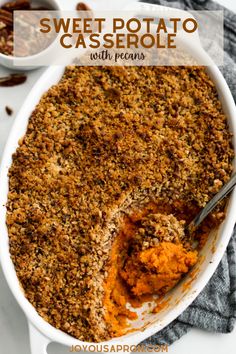 sweet potato casserole with pecans in a white dish