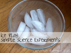 ice play simple science experiments in a glass bowl on a wooden table with text overlay