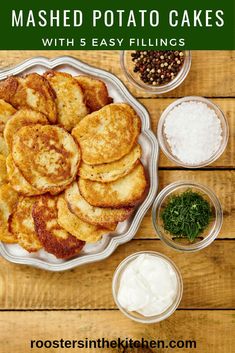 mashed potato cakes with 5 easy fillings in the middle and ingredients on the side