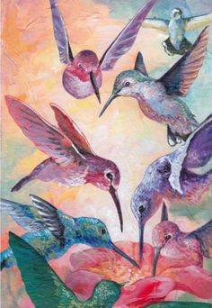 Vibrant hummingbirds feeding on a pink colored flower art print The 7 Sacraments, 7 Sacraments, Wild Goose, The Celts, Illustration Animation