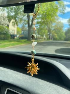 Sun Handmade Car Charm green and Gold rearview Mirror Decor-cute Boho Summer Accessory Nature-crystal, Pearl-gifts for Teens-gifts for Her - Etsy Rearview Mirror Decoration, Buzzards Bay, Mirror Decoration, Rear View Mirror Decor