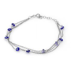 "Dainty, Beautiful & Elegant.... 925 Sterling Silver 3 Stranded Bracelet with double sided Blue Colored Murano Glass Evil Eyes. Chain is Cable design with a Clasp Lock Bracelet has an extender which can be used between 6.25\"-7.5\" inches Measurements Approximately: Weight: 1.80 g / 0.06 oz Width 4.00 mm / 0.16 in Height 4.00 mm / 0.16 in" Evil Eye Bracelet Silver, Greek Blue, Hamsa Bracelet, Evil Eyes, Greek Jewelry, Silver Chain Style, Protection Bracelet, Blue Evil Eye, Silver Anklets