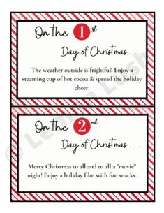 two red and white striped christmas gift tags with the number one on each side,