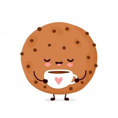 a cookie holding a cup of coffee with its eyes closed and hands on the side