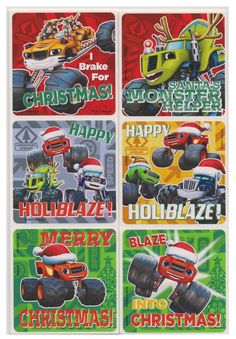 four christmas stickers with monster trucks in different colors and designs, all on one sheet