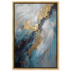 an abstract painting with gold and blue paint on the canvas, it is framed in wood frame