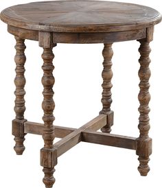 an old wooden table with turned legs and a round top, on a white background