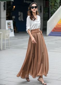 Chic Long Chiffon Pleated Skirt, Spring Flowy Floor-length Skirt, Chic Floor-length Skirt For Spring, Spring Floor-length Flowy Skirt, Chic Floor-length Spring Skirt, Elegant Flowy Full Maxi Skirt, Chic Floor-length Maxi Skirt, Flowy Floor-length Skirt For Summer, Floor-length Flowy Skirt For Summer