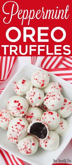 peppermint oreo truffles on a white plate with red and white striped napkin