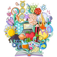 an open book filled with different types of science related items and symbols on white background