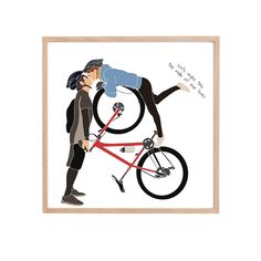 a man riding a bike with a woman on it's back and the words, i