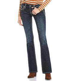 From Miss Me&#x2C; these jeans feature:Low rise5-pocket stylingLoose saddle border stitch flap pocketsBootcut legsFront button/zip fly closurebelt loopsApprox. 34" inseamCotton/polyester/elastaneMachine wash/line dryImported. Western Dark Wash Jeans For Fall, Western Style Dark Wash Jeans For Fall, Western Style Dark Wash Fall Jeans, Fall Mid-rise Jeans With Contrast Stitching, Fall Flare Jeans With Contrast Stitching, Western Style Dark Wash Bottoms For Fall, Western Style Bottoms With Belt Loops For Fall, Western Style Mid-rise Bottoms With Pockets, Border Stitch