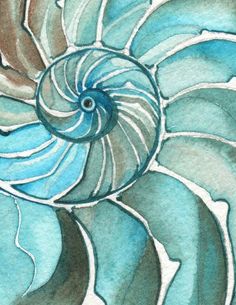 an abstract painting of a blue and brown shell with spirals on it's sides