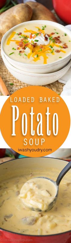 loaded baked potato soup in a red bowl with a spoon and title overlay that reads loaded baked potato soup