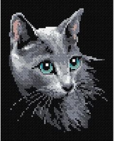 a close up of a cat with blue eyes on a black background in the cross stitch pattern