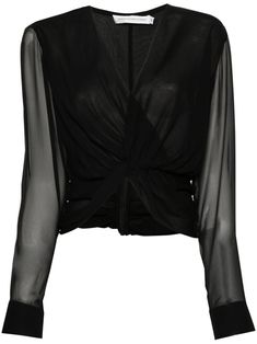 black silk georgette crepe semi-sheer construction V-neck long sleeves buttoned cuffs twist detailing internal logo tag concealed rear zip fastening Black Sheer Blouse, Christopher Esber, Yoko London, City Dress, Summer Beach Wear, Sheer Blouse, Lady Dior, Black Silk, Jacket Tops