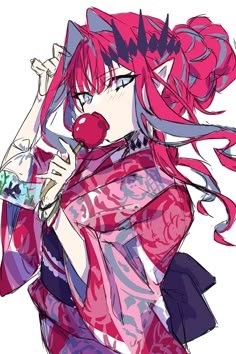 an anime character with pink hair and red nose, holding a cell phone to her ear