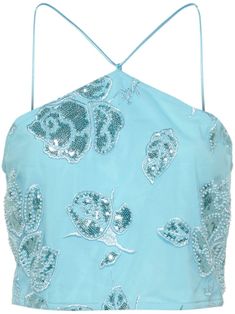 sky blue recycled polyester mesh design all-over floral embroidery with sequin and bead detailing all-over logo embroidery branded zip puller triangle neck spaghetti straps concealed rear hook and zip fastening cropped straight hem full lining This item is made from at least 50% recycled or upcycled materials. For recycled synthetic clothing products, we highly recommend using a microfibre-catching washing bag to ensure that no microplastics that can pollute water are released in the process. Le Shell Embroidery Design, Dress Reference, Rotate Birger Christensen, Birger Christensen, Zip Puller, Wedding Guest Looks, Upcycled Materials, City Dress, Airport Fashion