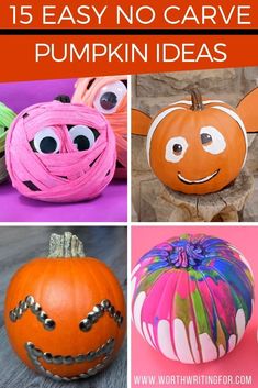 pumpkins that are decorated with different types of yarn, and the words 15 easy no carve pumpkin ideas