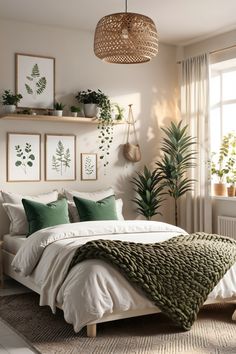 a bed with white sheets and green pillows in a bedroom next to a large window