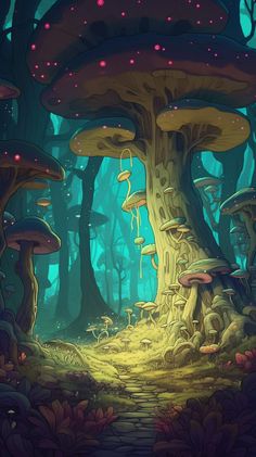 A whimsical, magical forest Whimsical Forest Painting, Mushroom Forest Illustration, Fantasy Forest Illustration, Whimsical Mushroom Art, Faewild Forest, Whimsical Forest Art, Magic Forest Painting, Magic Forest Drawing, Painted Mushrooms Ideas