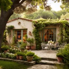 an outdoor patio with potted plants and chairs in front of a small house surrounded by greenery