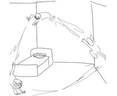 a drawing of a person jumping off a bed into the air with another person in the background