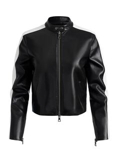 Rickie Vegan Leather Racer Jacket In Black Casual Spring Outerwear With Side Stripes, Trendy Fall Outerwear With Contrast Stripes, Classic Fall Outerwear With Contrast Stripes, Casual Fitted Outerwear With Contrast Stripes, Fitted Casual Outerwear With Contrast Stripes, Sporty Fitted Leather Jacket For Fall, Sporty Black Biker Jacket For Spring, Black Sporty Biker Jacket For Spring, Spring Moto Leather Jacket