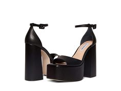 Steve Madden Kassiani Heeled Sandal - Women's Shoes : Black Leather : Oomph up your style game donning the sleek and sophisticated Steve Madden Kassiani Heeled Sandals. Leather upper. Synthetic lining and insole. Buckle closure on the ankle strap. Square toe silhouette. Lofty block heel. Synthetic midsole. Synthetic outsole. Imported. Measurements: Heel Height: 5 in. Platform Height: 2 in. Weight of footwear is based on a single item, not a pair. Sleek Platform Sandals With Ankle Strap, Sleek Sandals With Platform And Ankle Strap, Sleek Platform Sandals For Night Out, Ankle Strap Sandals With Reinforced Heel For Night Out, Sleek Closed Toe Evening Sandals, Adjustable Heel Strap Heels For Formal Occasions, Sleek Formal Closed Toe Sandals, Elegant Adjustable Platform Sandals, Adjustable Padded Heel Evening Heels