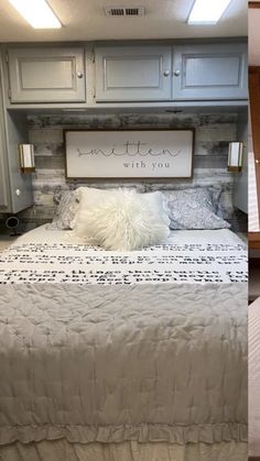 two pictures side by side one has a bed and the other has a sign above it