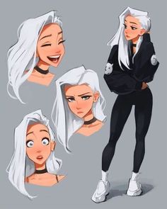 an animation character with different facial expressions and hair